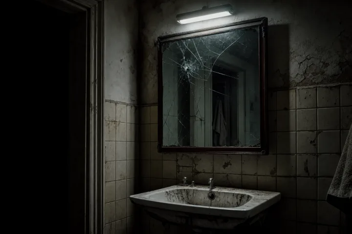 Uno specchio incrinato in un bagno vuoto illuminato da luce fredda