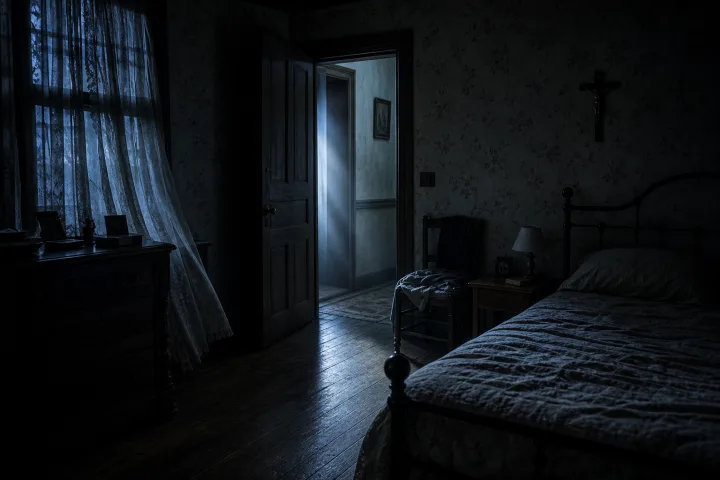 Camera fredda con letto e simbolo religioso, immagine interna per la recensione di The Exorcist