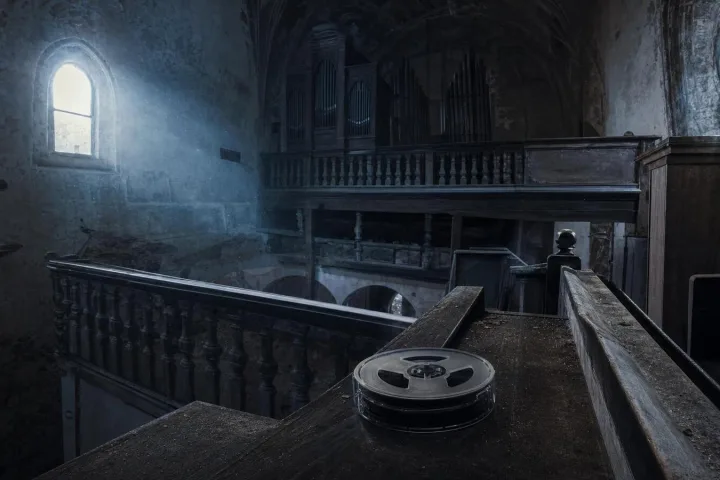 Cappella abbandonata con bobina audio su una panca di legno