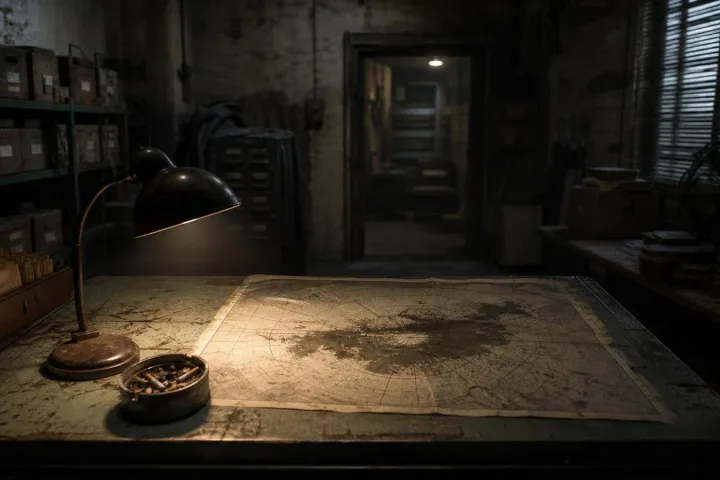 Fascicoli declassificati e una mappa radar del 1952 illuminati da una lampada in un archivio buio