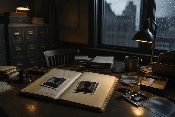 Archivio di polizia degli anni Trenta con fotografie giudiziarie e fascicoli illuminati da una lampada