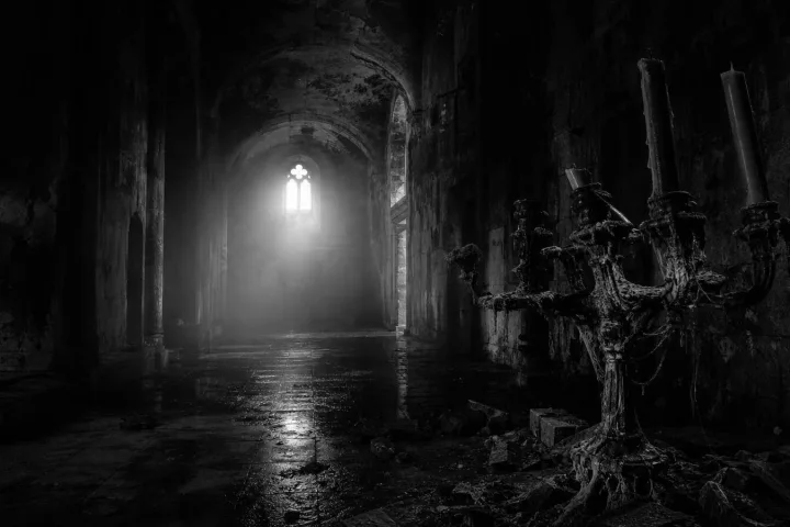 Corridoio gotico in bianco e nero con candelabro spezzato e finestre ad arco