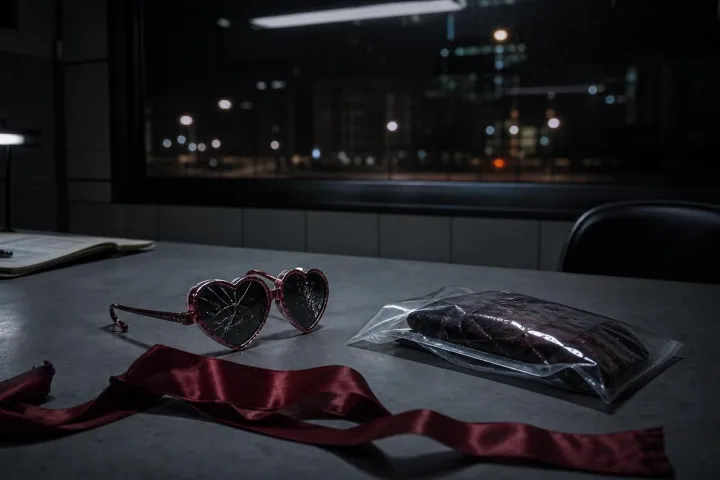 Tavolo di prove illuminato da luce fredda con occhiali a cuore spezzati e nastro rosso