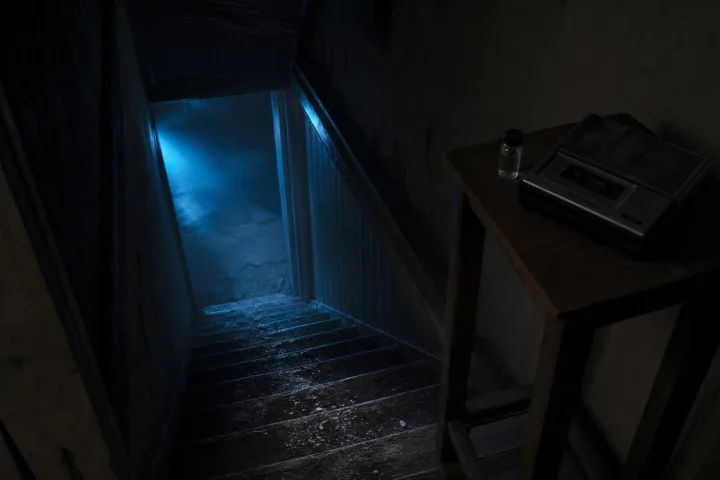 Scala del seminterrato con polvere grigia e vecchi oggetti spaziali