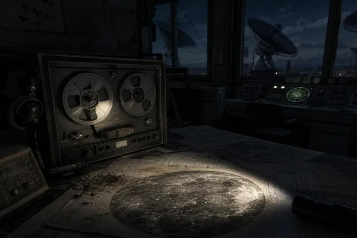 Una sala radio abbandonata con registratore e mappe lunari nella penombra
