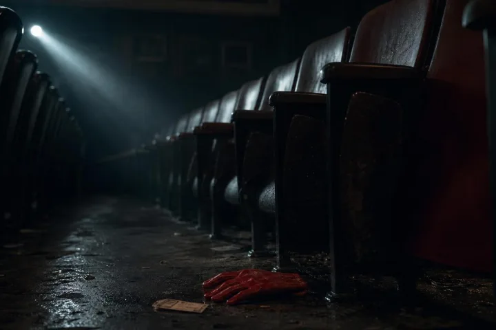 Sala cinematografica vuota con un guanto rosso caduto tra le poltrone