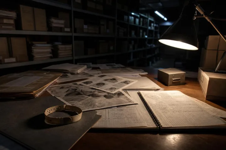 Archivio medico notturno con documenti sulla storia della fecondazione assistita
