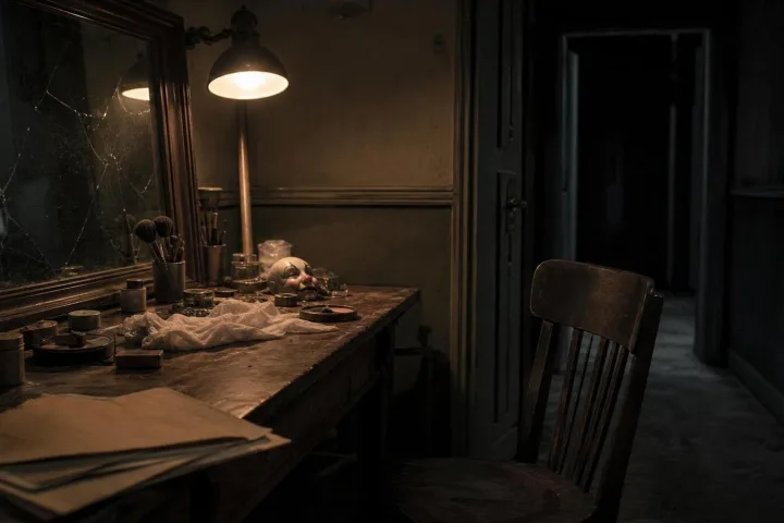 Camerino buio di uno studio cinematografico con specchio incrinato e lampada accesa