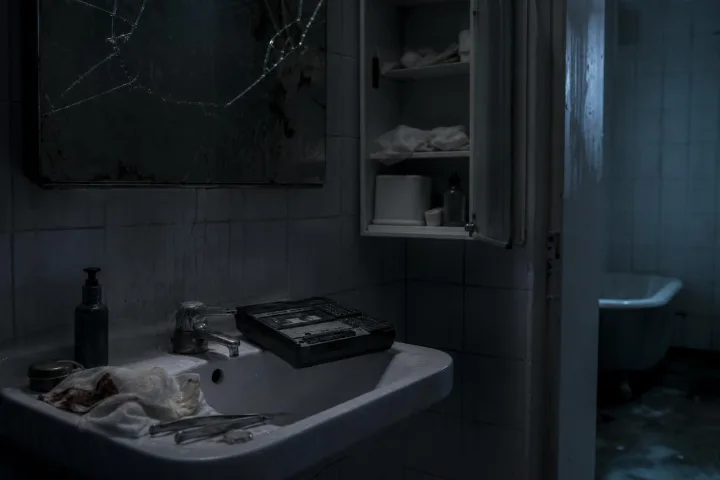 Un bagno freddo e disordinato richiama la fase privata della metamorfosi di Seth Brundle.