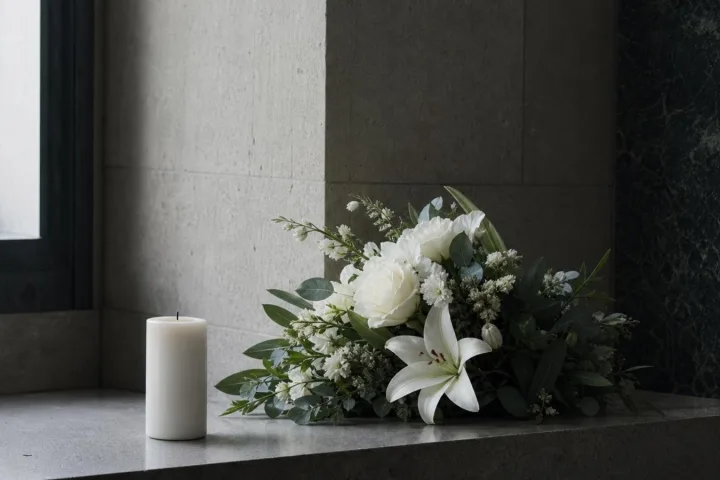 Fiori bianchi e candela in un angolo di memoria civile