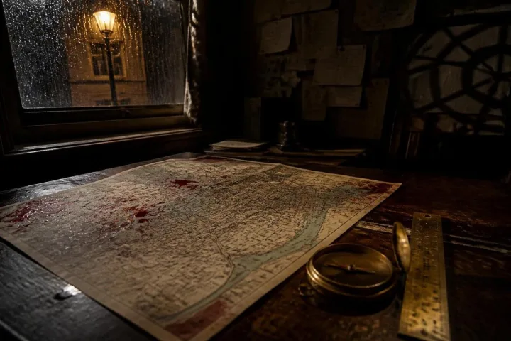 Mappa macchiata di sangue e strumenti di misura su una scrivania buia a Providence
