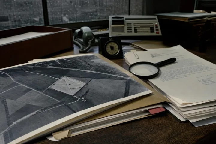 Dossier d’archivio con fotografia in bianco e nero e carte ministeriali su una scrivania buia
