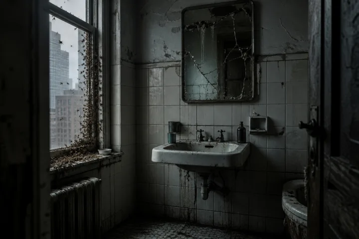 Bagno abbandonato di un appartamento alto con specchio incrinato, piastrelle umide e api vicino alla finestra