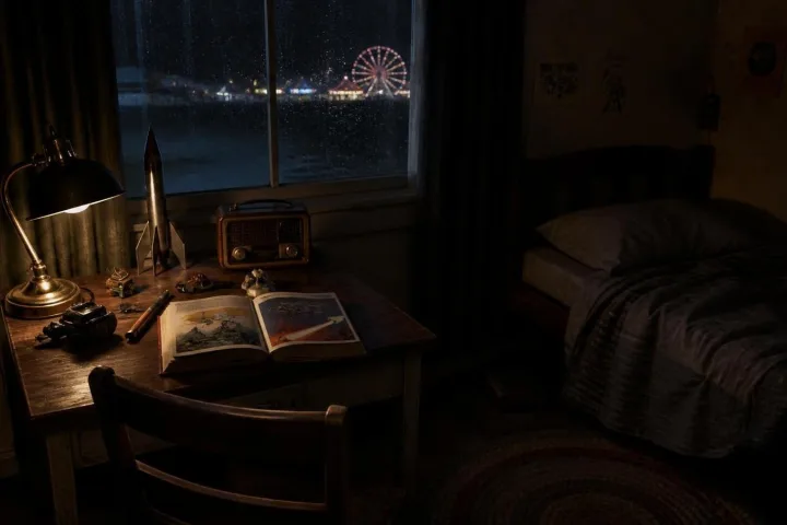 Camera notturna con libro fantastico aperto, radio antica e bagliori lontani di luna park oltre la finestra