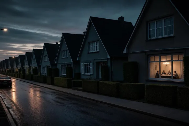Strada suburbana al crepuscolo con case identiche e una finestra illuminata in modo inquietante