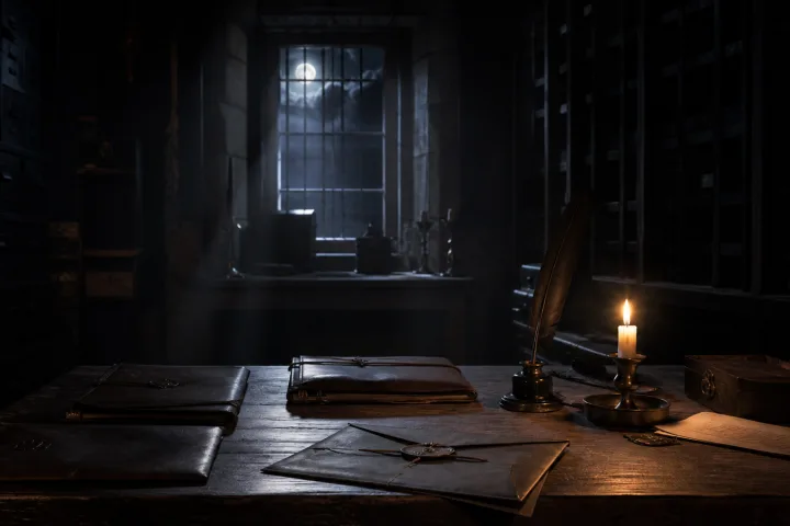 Archivio notturno con cartelle chiuse e luce fredda tra gli scaffali