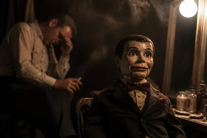Camerino buio degli anni Quaranta con pupazzo da ventriloquo seduto sotto una lampadina e specchio macchiato