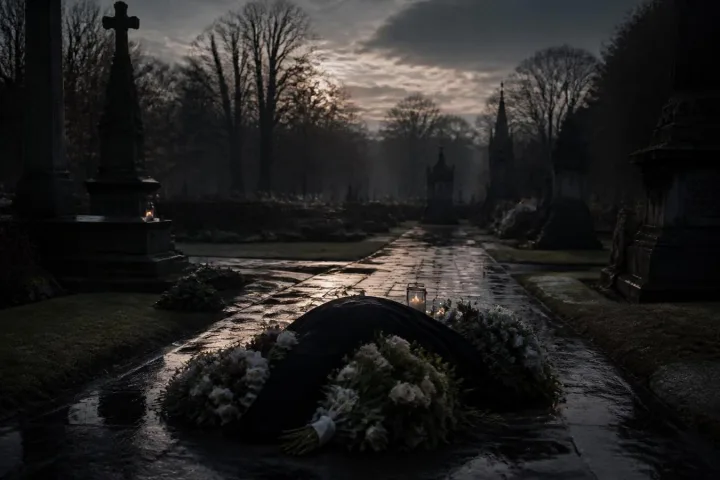 Sentiero di cimitero al crepuscolo con pietra bagnata, fiori scuri e un mantello ripiegato