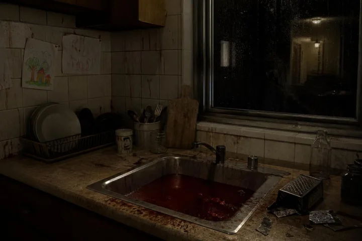 Cucina notturna con lavello scuro e oggetti domestici deformati dall'orrore