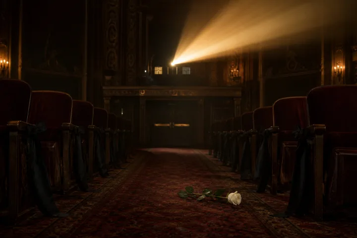 Sala cinematografica vuota con un fiore bianco e luce di proiezione nella polvere