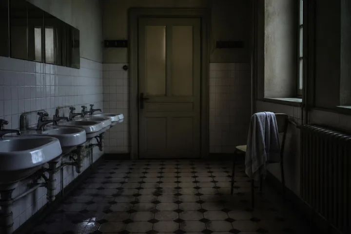 Lavabi vuoti in un collegio notturno con asciugamano umido su una sedia
