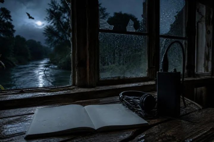 Taccuino e registratore ultrasonico in una capanna sul fiume