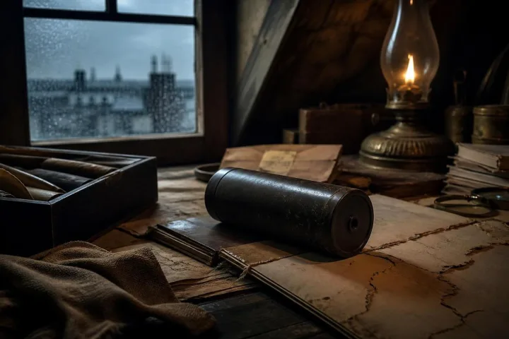 Tavolo di restauro con cilindro audio antico, documenti d’archivio e pioggia alla finestra
