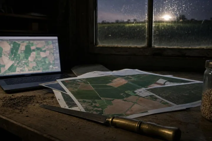 Scrivania notturna con mappe catastali, campioni di grano e una schermata satellitare sfocata