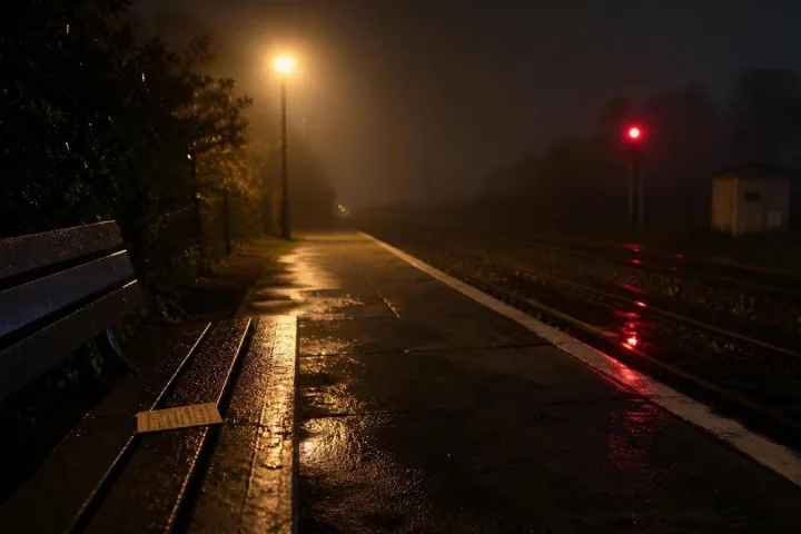 Binario notturno bagnato con un biglietto obliterato abbandonato su una panchina