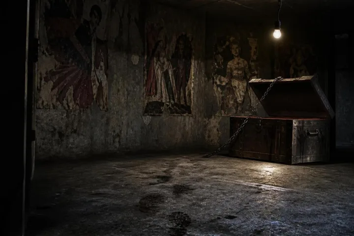 Deposito teatrale buio con una cassa da illusionista semiaperta, catena tesa e impronte bagnate sul pavimento