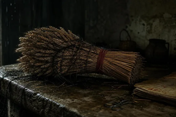 Covone di grano legato con spago rosso su un tavolo di pietra, con capelli umani intrecciati tra le spighe