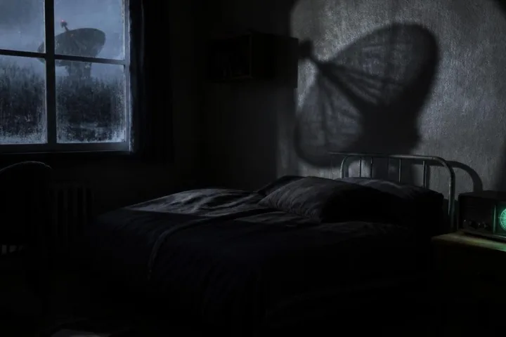 Camera da letto buia con una radio accesa e l'ombra circolare di una parabola proiettata sulla parete