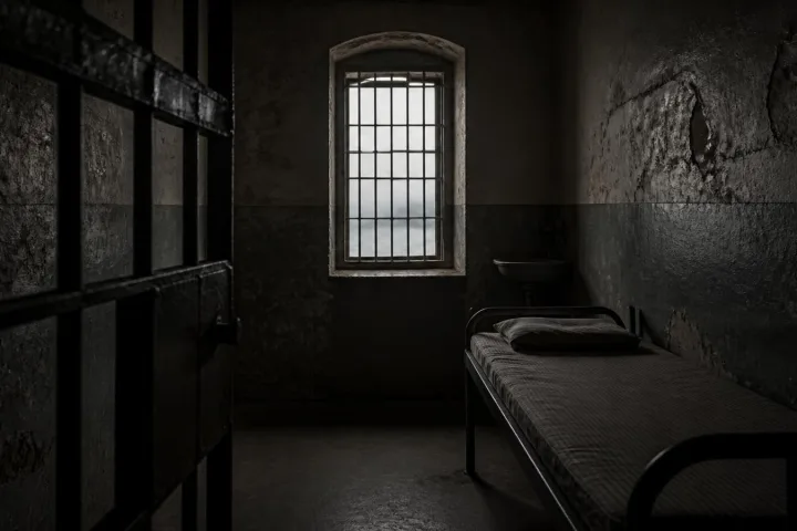 Cella storica vuota ad Alcatraz con branda di ferro e porta socchiusa nell’ombra