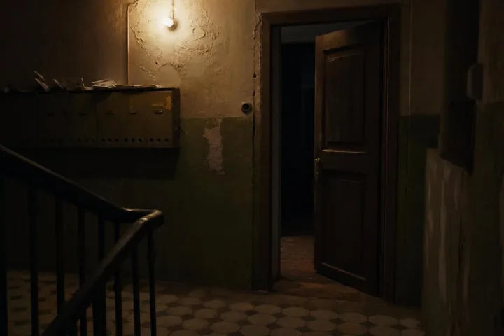 Pianerottolo buio di un vecchio condominio con cassette postali impolverate e una porta socchiusa