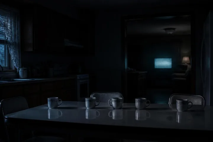Una cucina suburbana buia e ordinata, illuminata dal chiarore distante di un televisore acceso.