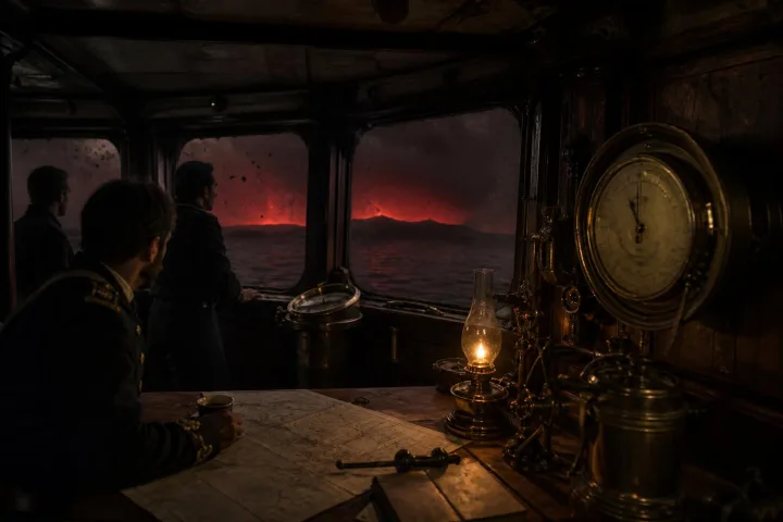 Barometro navale in una cabina ottocentesca durante l’eruzione del Krakatoa