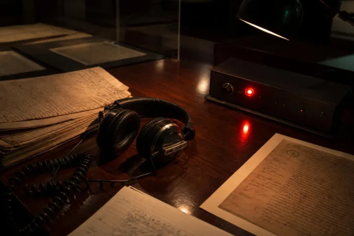 Scrivania d'archivio museale con cuffie, facsimili processuali e una luce rossa riflessa sul legno