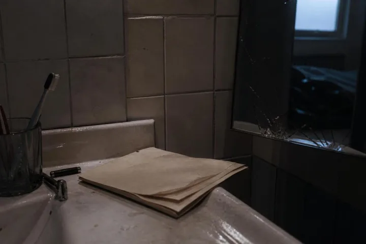 Lavandino di un bagno all’alba con documenti piegati, piastrelle bagnate e riflesso scuro nello specchio