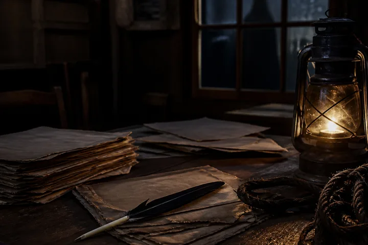 Archivio notturno di Salem con carte processuali e una lanterna accesa