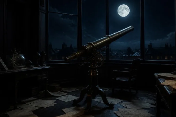 Osservatorio vittoriano notturno con telescopio puntato verso la Luna e carte stellari sparse