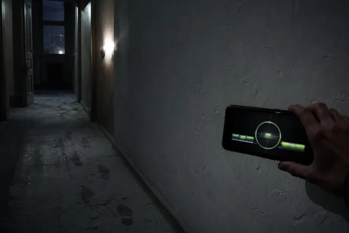 Corridoio buio di appartamento con impronte nella polvere che si fermano davanti a una parete spoglia illuminata da un telefono