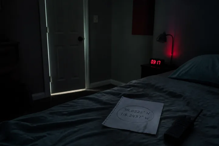 Letto disfatto in una stanza buia con una radio portatile spenta e fogli di coordinate sul comodino
