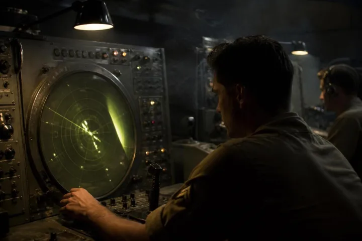 Sala radar militare degli anni Cinquanta durante un turno notturno a Lakenheath