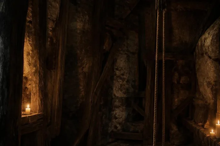 Interno buio di un antico campanile con corde di bronzo che scendono verso una fenditura nelle fondamenta