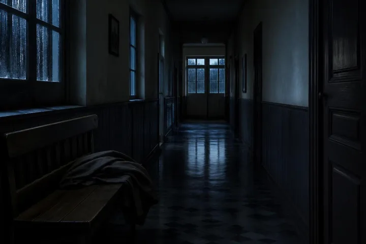 Corridoio notturno di un collegio francese anni Cinquanta, con finestre bagnate dalla pioggia e una panca vuota in penombra