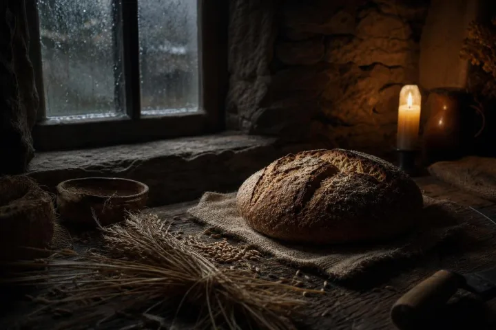 Pane del primo raccolto su un tavolo di legno in una cucina di pietra