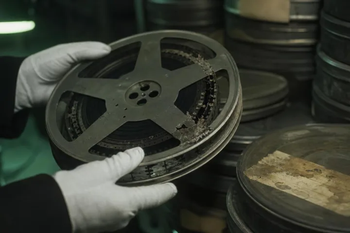 Bobina cinematografica danneggiata su un tavolo d’archivio con guanti bianchi e luce fredda