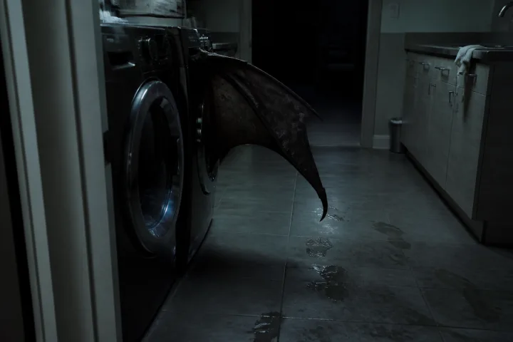 Una lavanderia vuota di notte con impronte bagnate e un’ala pallida dietro una lavatrice.