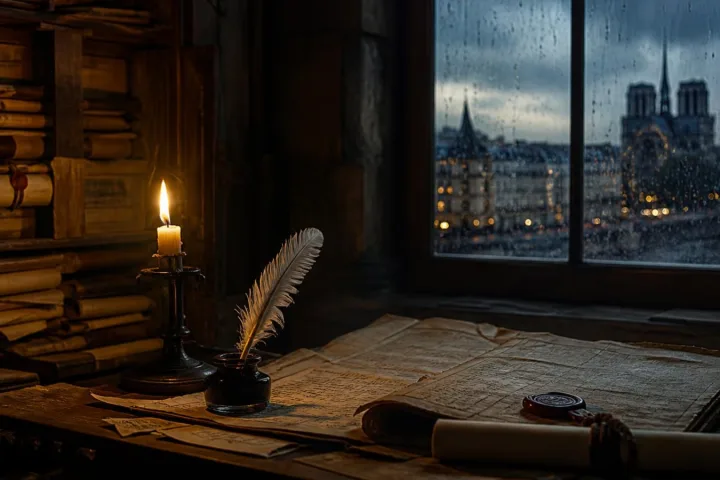 Archivio parigino notturno con pergamene, candela e pioggia contro una finestra