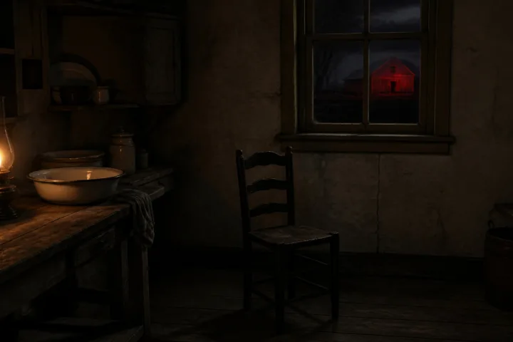 Cucina rurale del 1918 illuminata da una lampada a olio, con una sedia vuota e luce rossa alla finestra